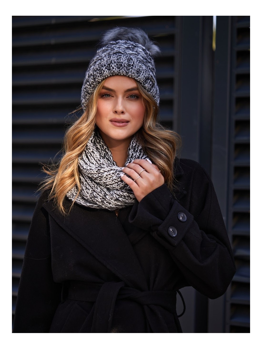 Warm women\'s set with a scarf, light gray and black C34 - Online store - Boutique